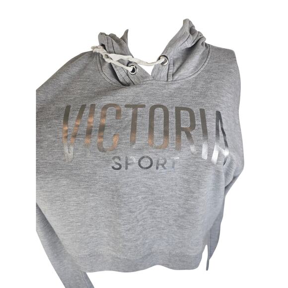 Victoria Secret Sport Cropped Gray Silver Hooded Athletic Womens Pullover L - Picture 2 of 6